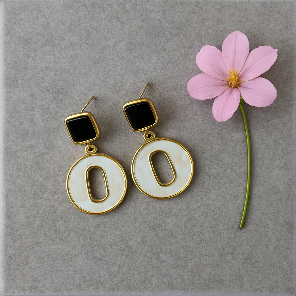 Gold & Black O-Shaped Dangle Earrings: Mother of Pearl, Modern Statement Jewelry