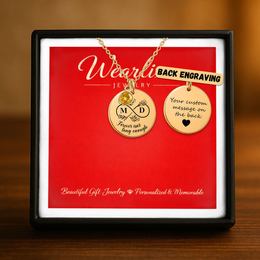 Personalized Coin Necklace with Birthstone – Custom Engraved Infinity Initial Pendant in 18K Gold, Silver or Rose Gold