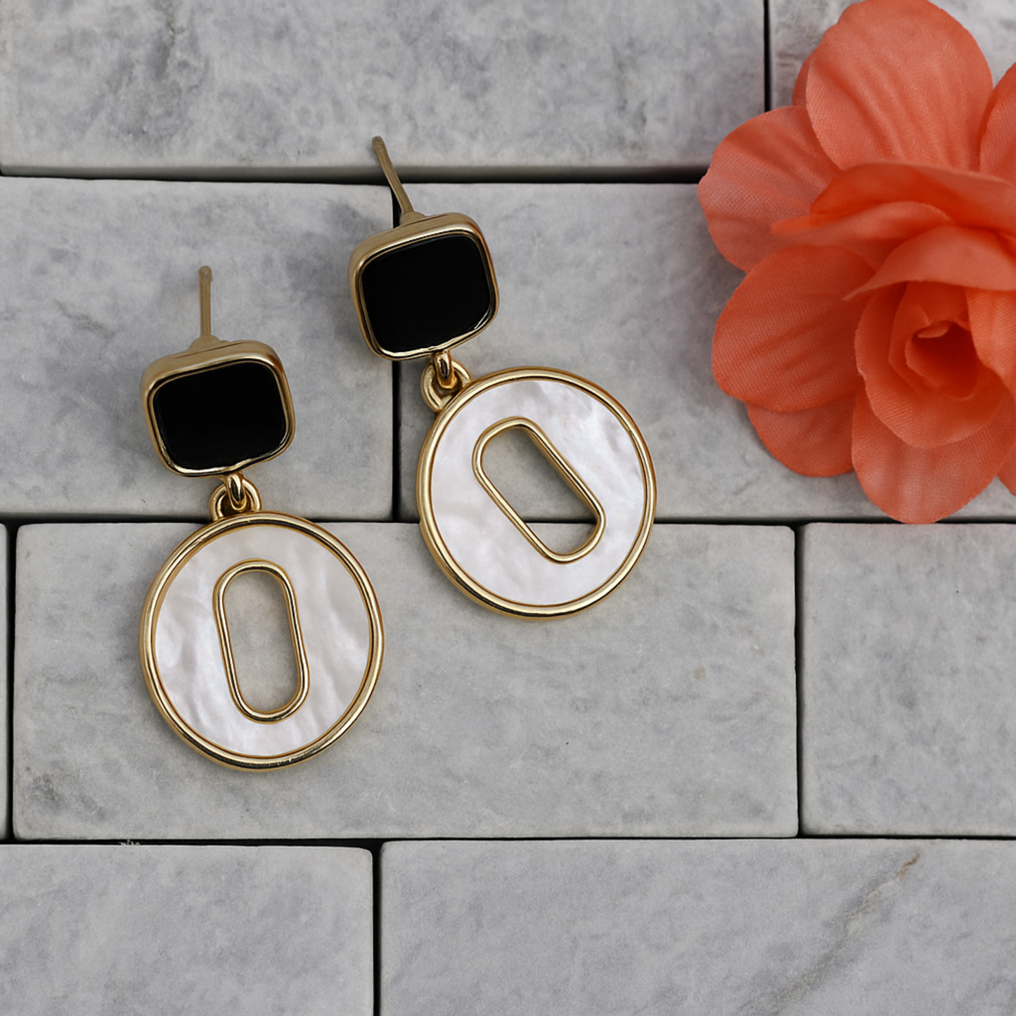 Gold & Black O-Shaped Dangle Earrings: Mother of Pearl, Modern Statement Jewelry