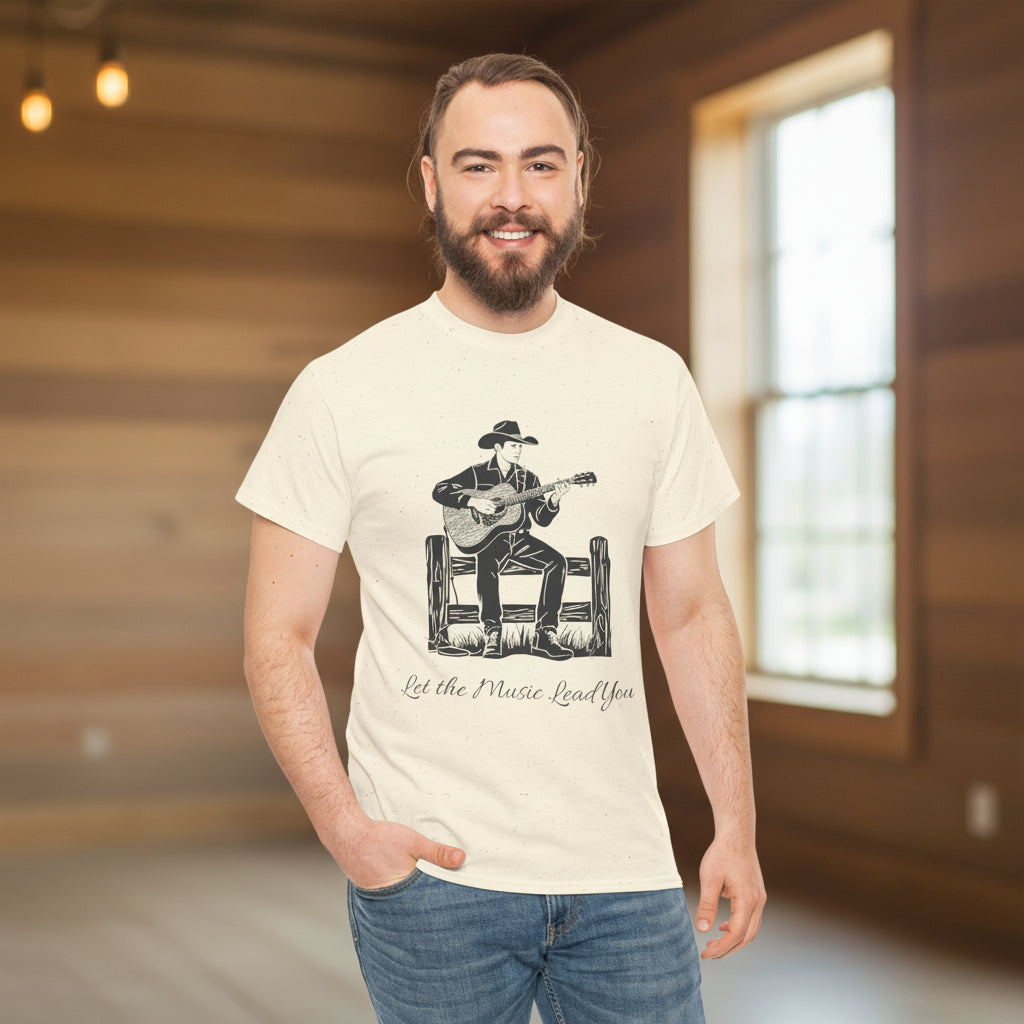 Guitar Cowboy T-Shirt — 'Let the Music Lead You' Country Western Tee