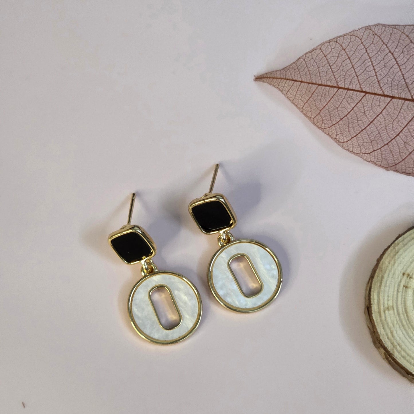 Gold & Black O-Shaped Dangle Earrings: Mother of Pearl, Modern Statement Jewelry
