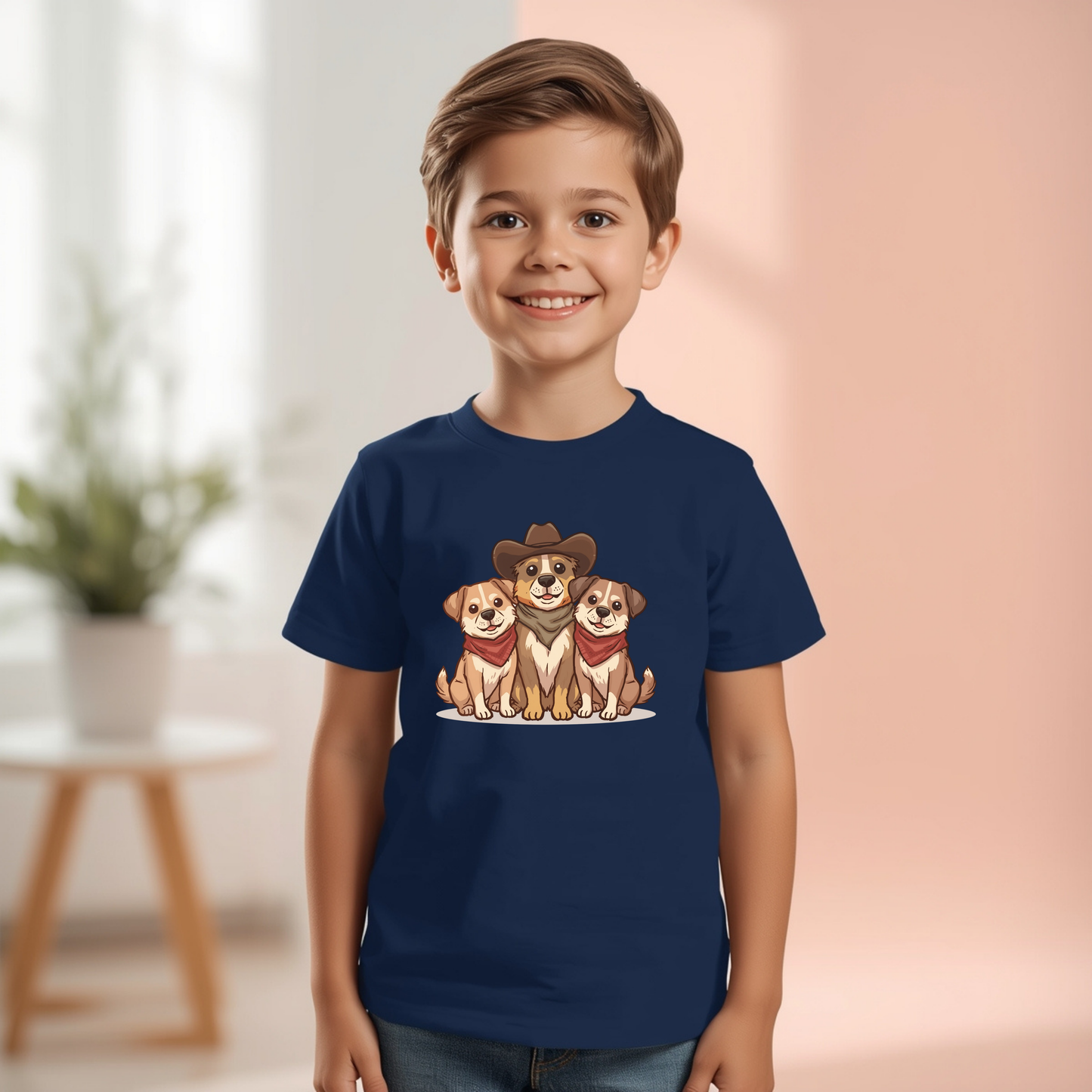 Kids Tee — Adorable Trio of Puppies with Cowboy Hat Graphic