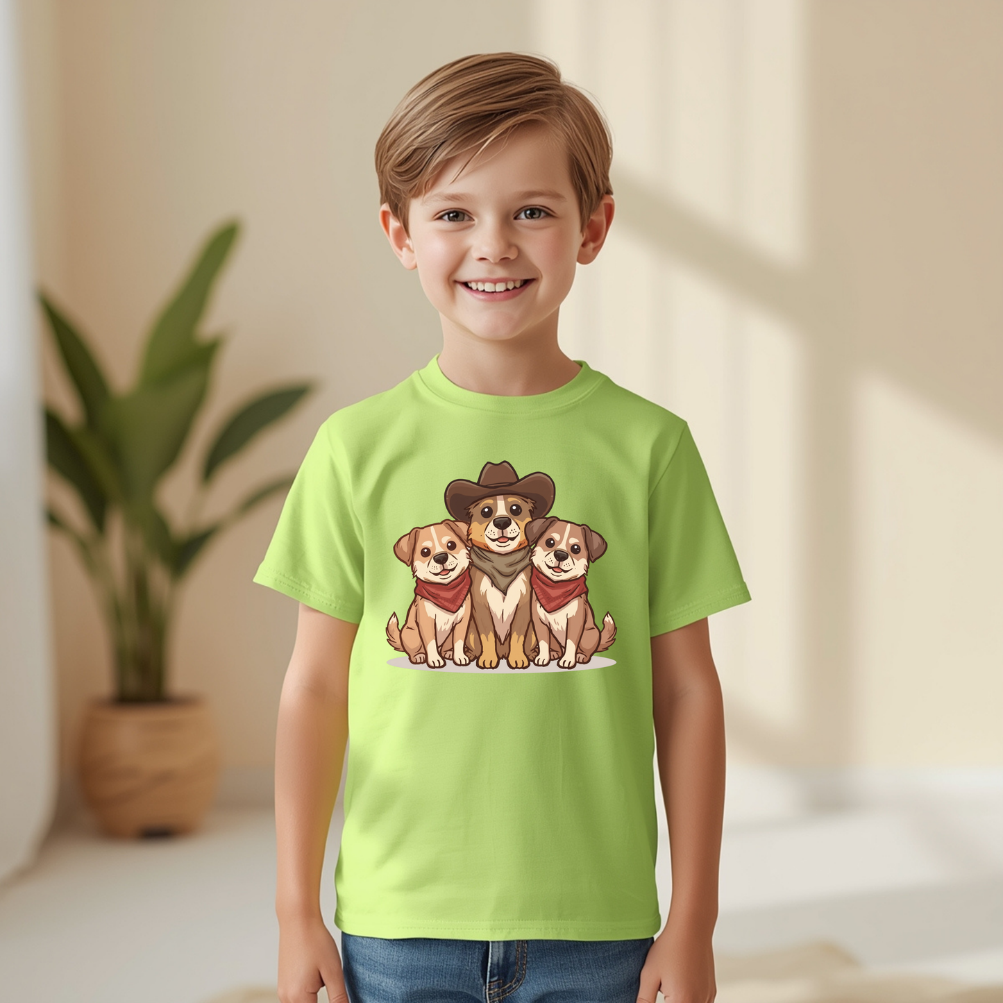 Kids Tee — Adorable Trio of Puppies with Cowboy Hat Graphic