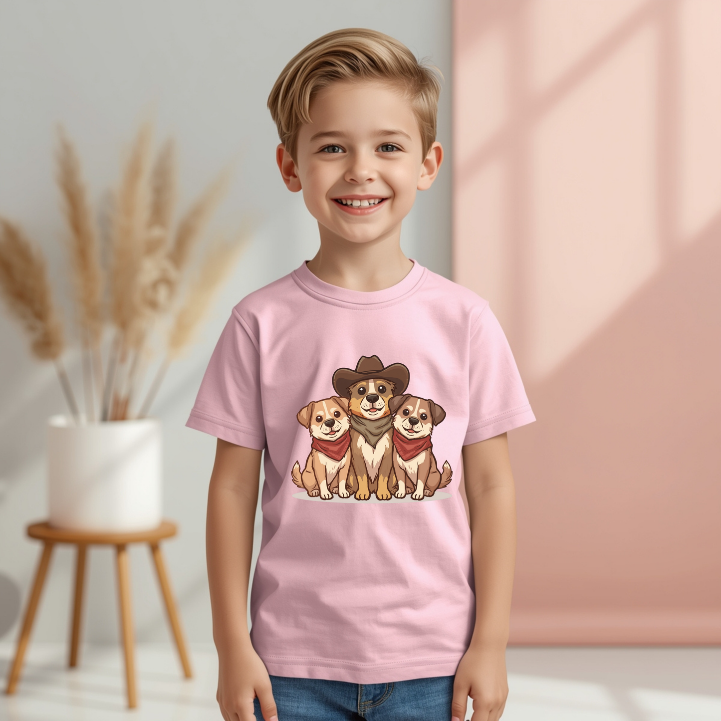 Kids Tee — Adorable Trio of Puppies with Cowboy Hat Graphic