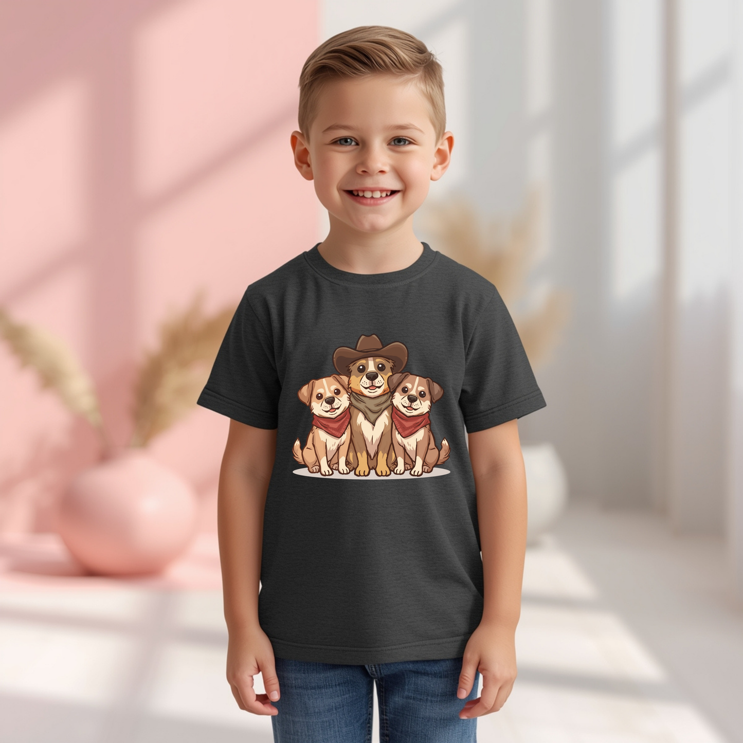 Kids Tee — Adorable Trio of Puppies with Cowboy Hat Graphic