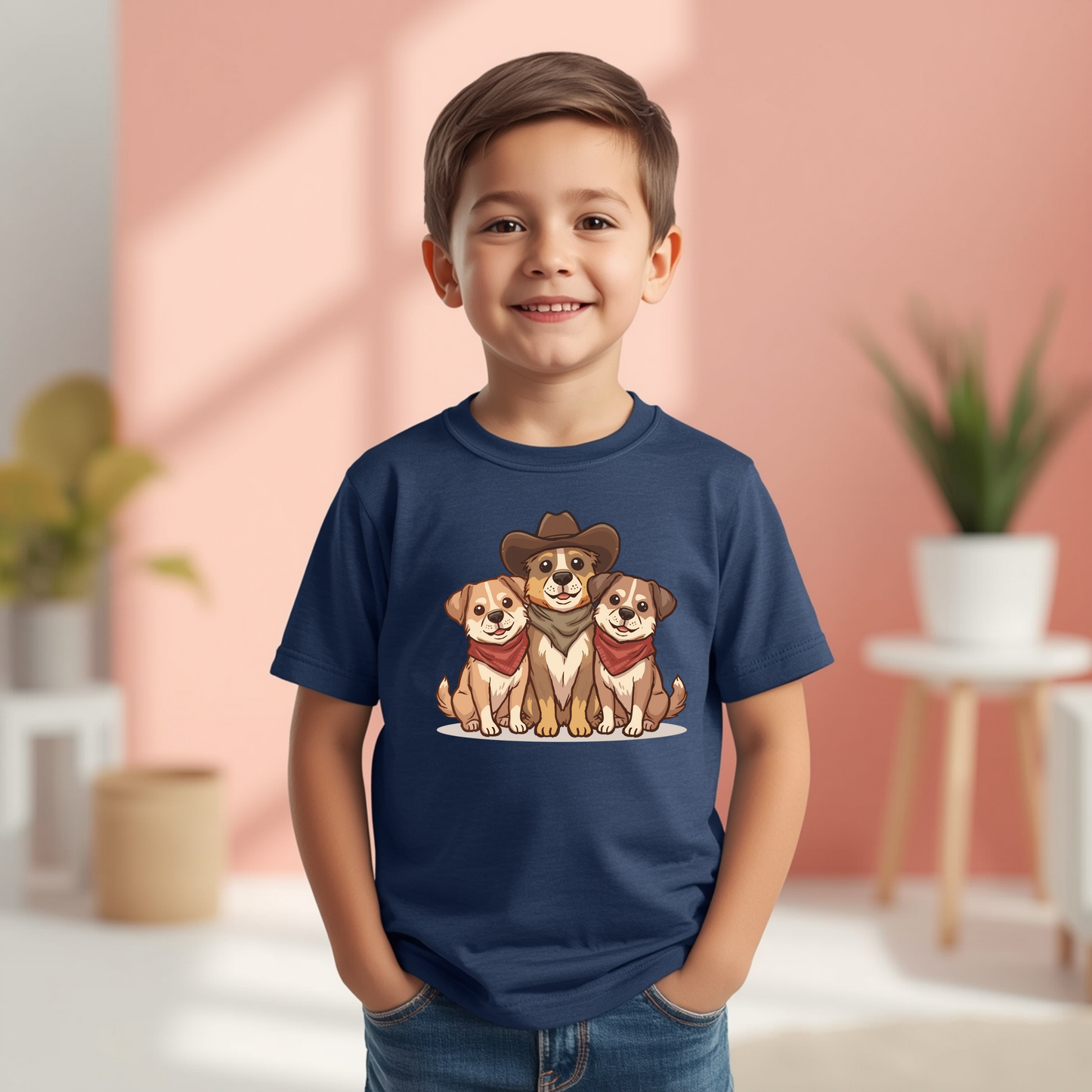 Kids Tee — Adorable Trio of Puppies with Cowboy Hat Graphic