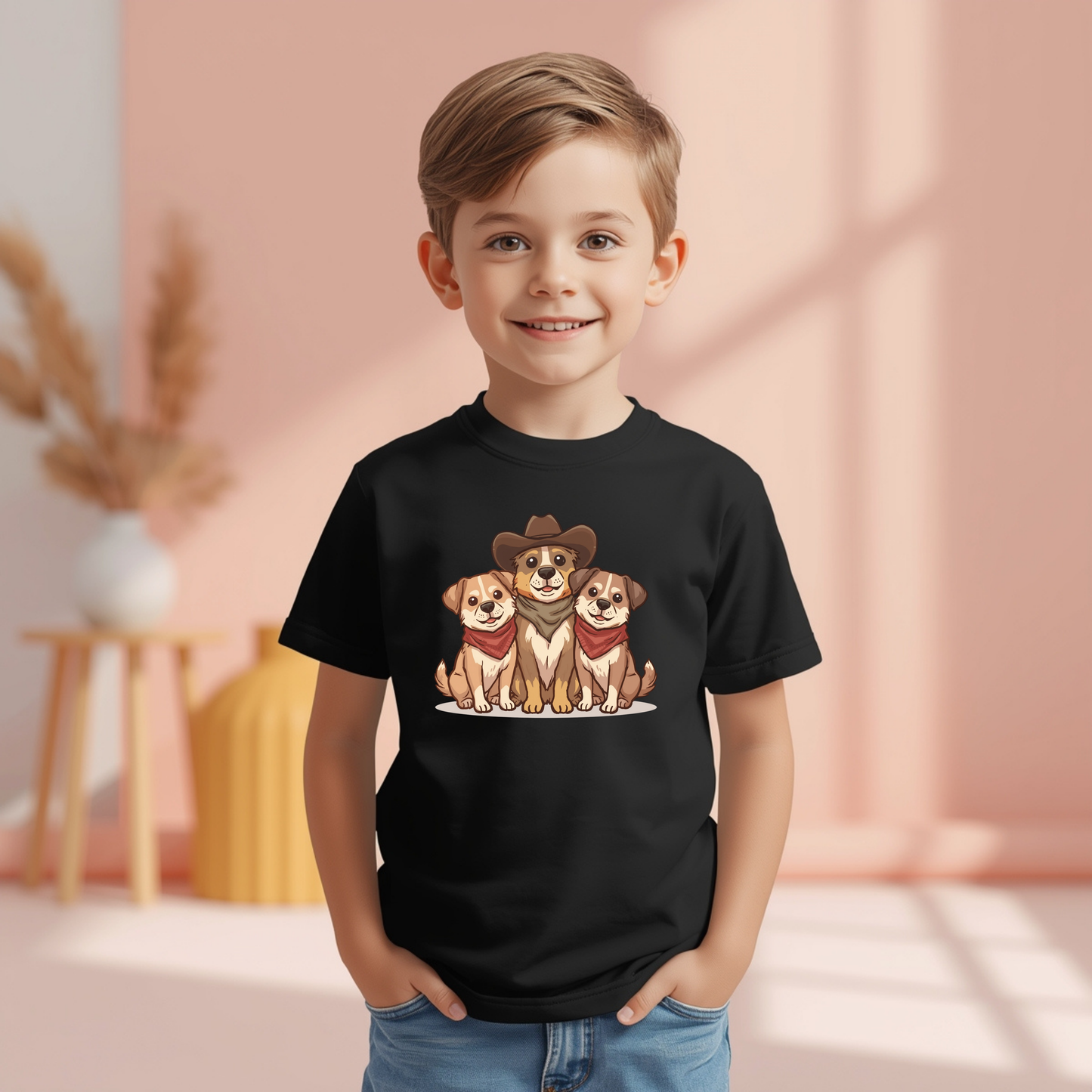 Kids Tee — Adorable Trio of Puppies with Cowboy Hat Graphic