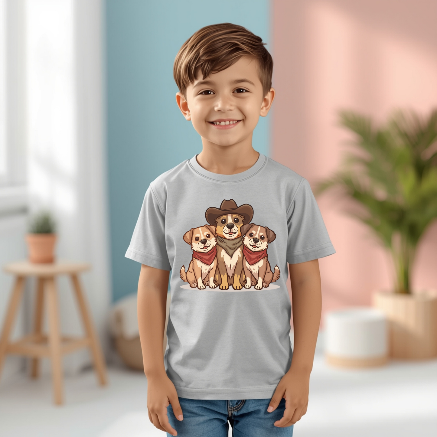 Kids Tee — Adorable Trio of Puppies with Cowboy Hat Graphic