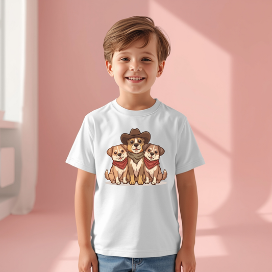 Kids Tee — Adorable Trio of Puppies with Cowboy Hat Graphic