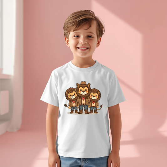 Kids Lion Cowboy T‑Shirt — Cute Trio Western Graphic Tee for Children