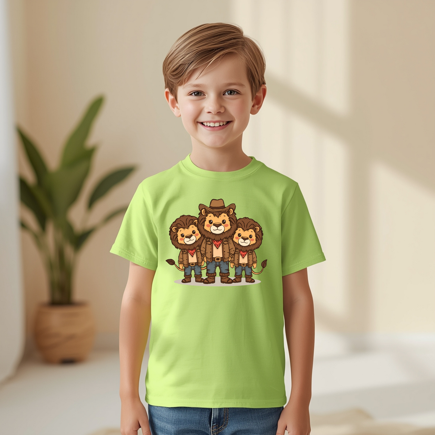 Kids Lion Cowboy T‑Shirt — Cute Trio Western Graphic Tee for Children