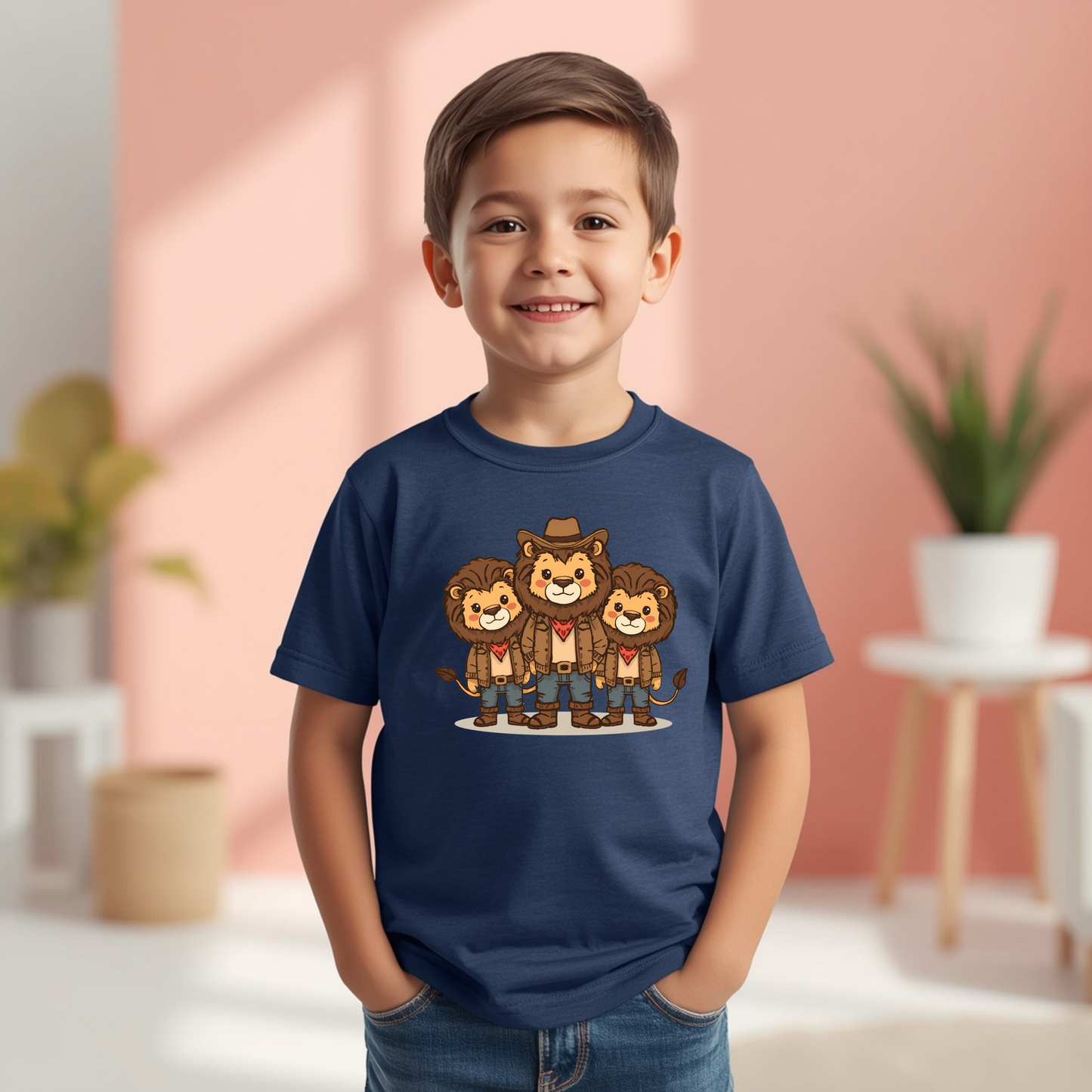 Kids Lion Cowboy T‑Shirt — Cute Trio Western Graphic Tee for Children