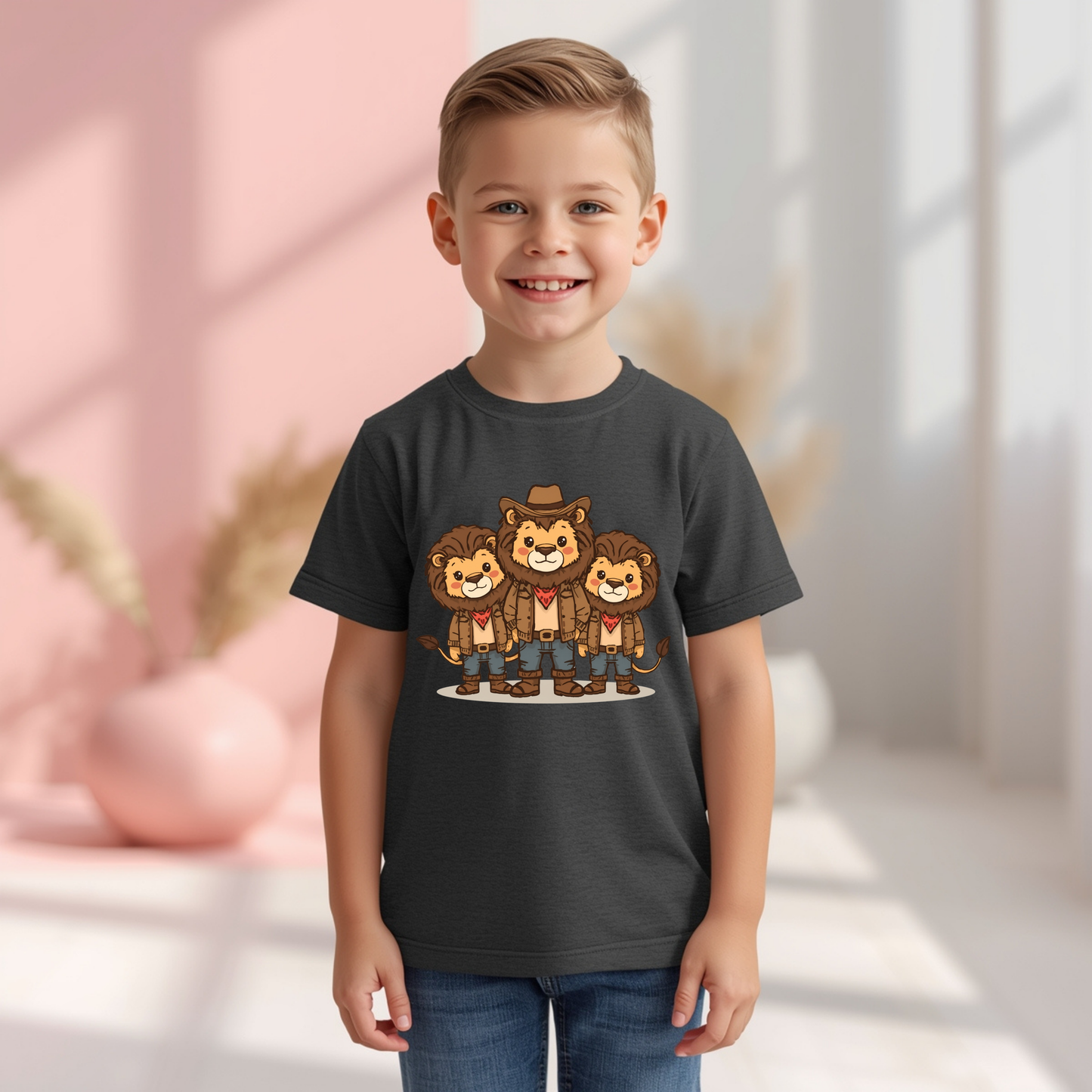Kids Lion Cowboy T‑Shirt — Cute Trio Western Graphic Tee for Children