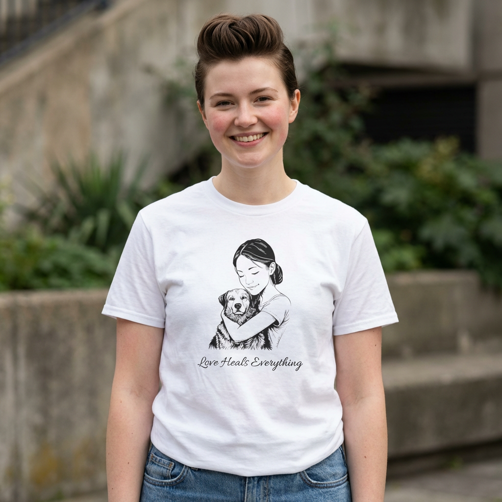 T-Shirt — "You Mean Everything" Girl Hugging Dog Illustration Tee