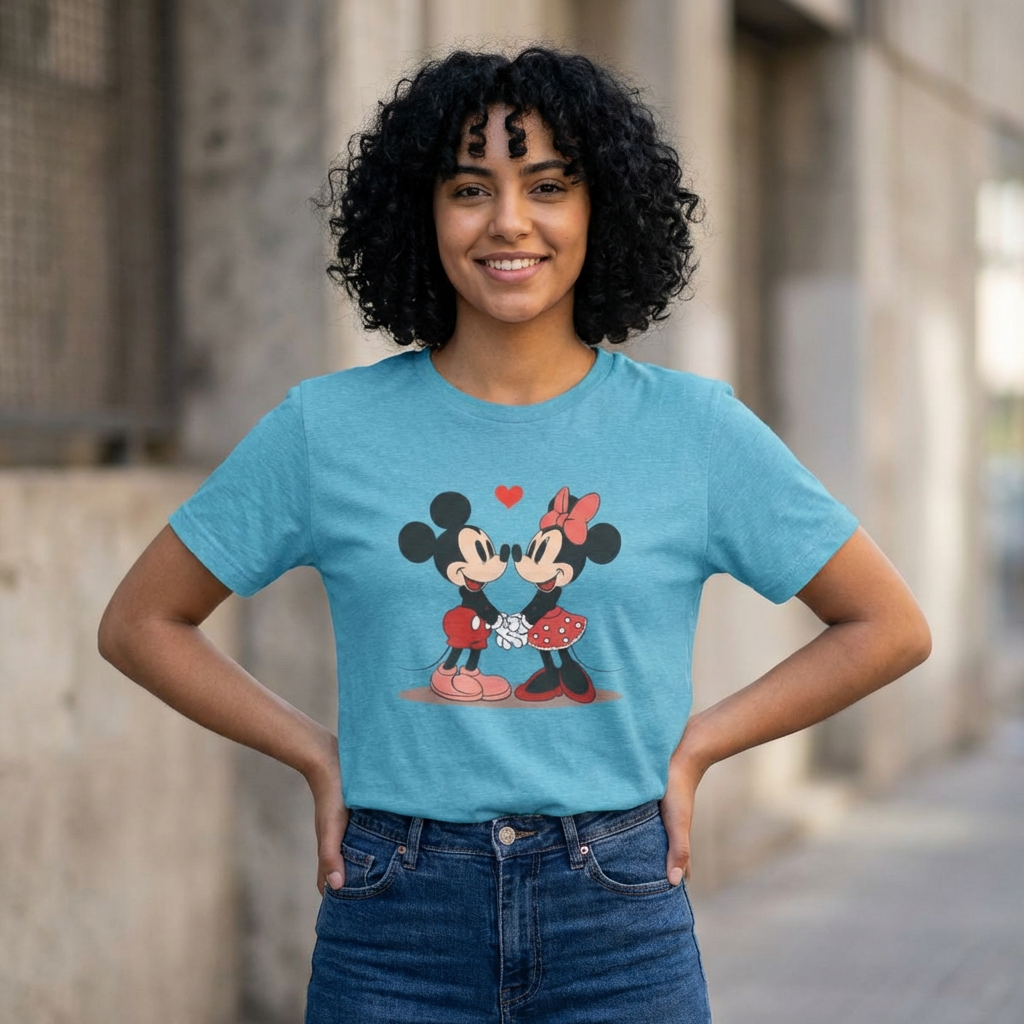 Mickey & Minnie Cute Kiss Tee – Retro Disney Couple Shirt