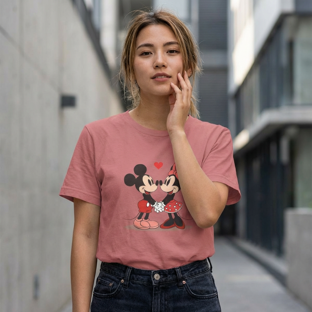 Mickey & Minnie Cute Kiss Tee – Retro Disney Couple Shirt