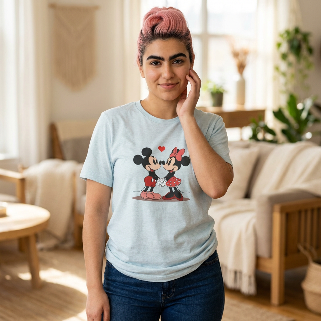 Mickey & Minnie Cute Kiss Tee – Retro Disney Couple Shirt