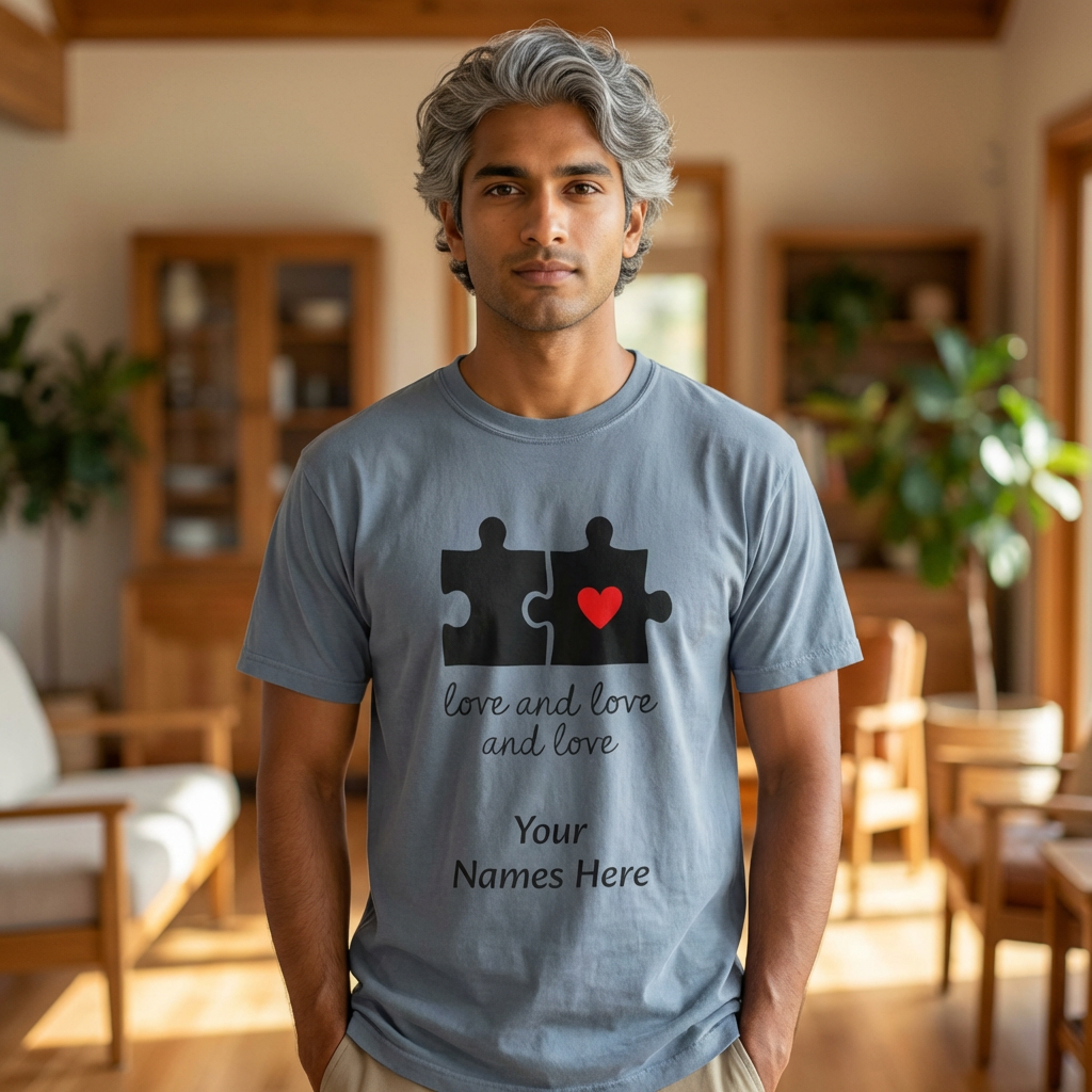 Love and Love Puzzle Tee — Personalized Couple T-Shirt with Heart
