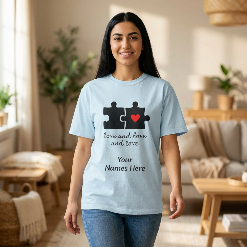 Love and Love Puzzle Tee — Personalized Couple T-Shirt with Heart