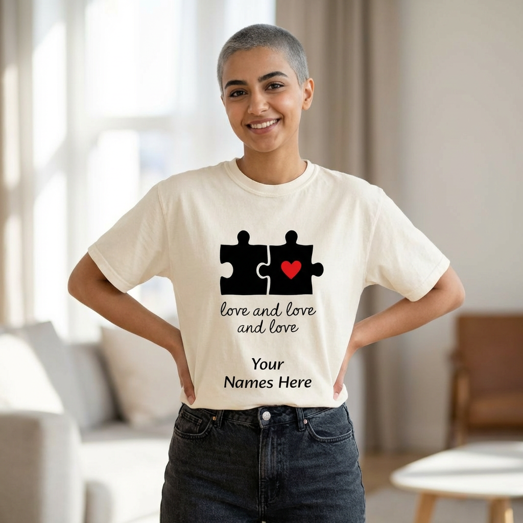 Love and Love Puzzle Tee — Personalized Couple T-Shirt with Heart