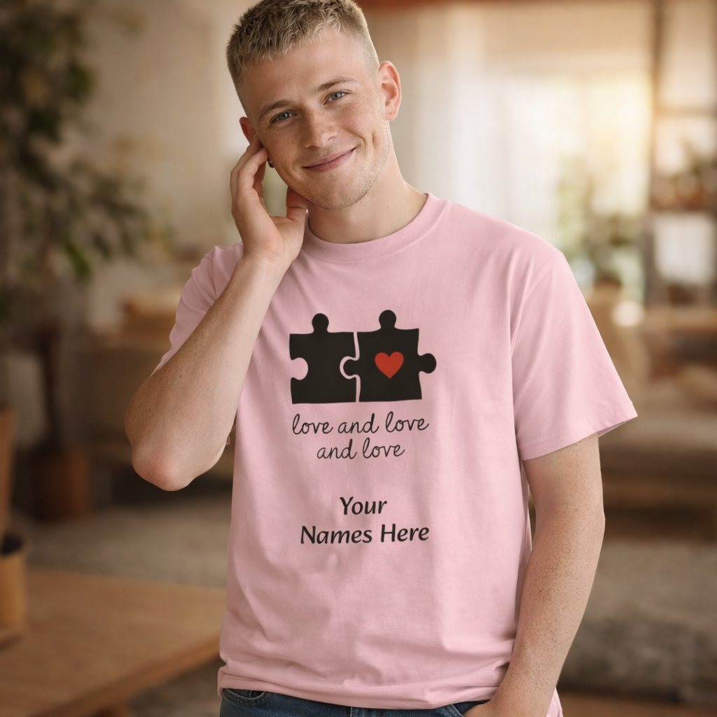 Love and Love Puzzle Tee — Personalized Couple T-Shirt with Heart