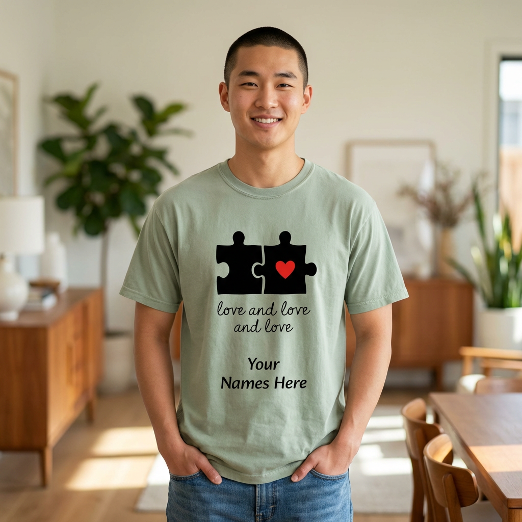Love and Love Puzzle Tee — Personalized Couple T-Shirt with Heart