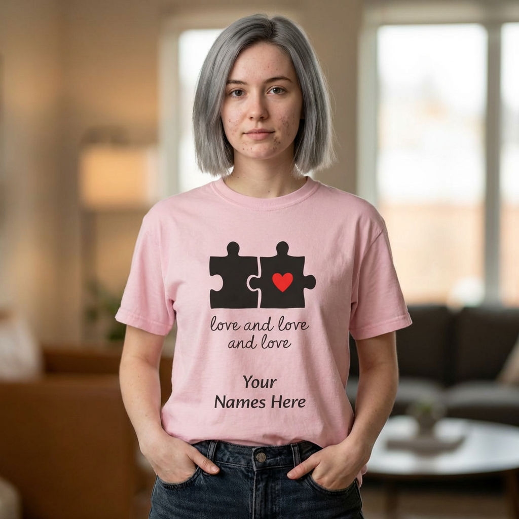 Love and Love Puzzle Tee — Personalized Couple T-Shirt with Heart