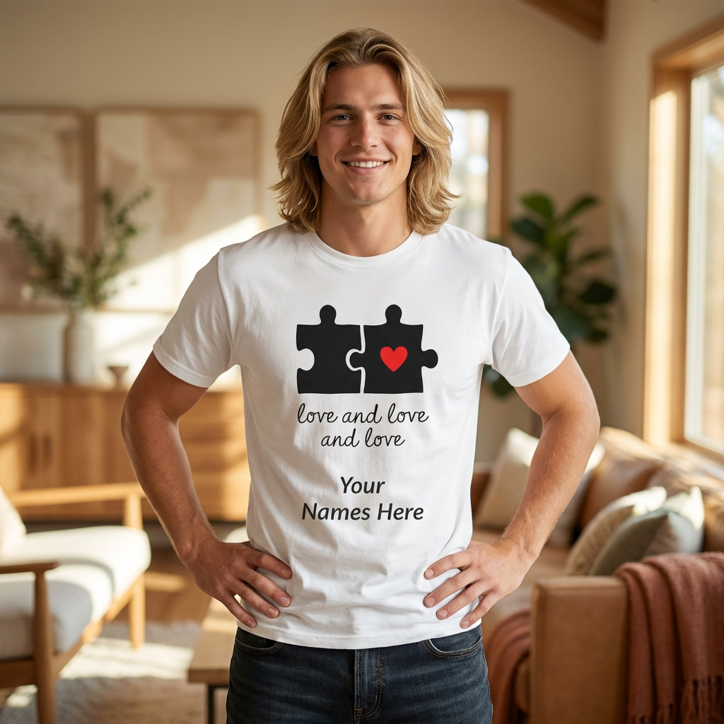 Love and Love Puzzle Tee — Personalized Couple T-Shirt with Heart