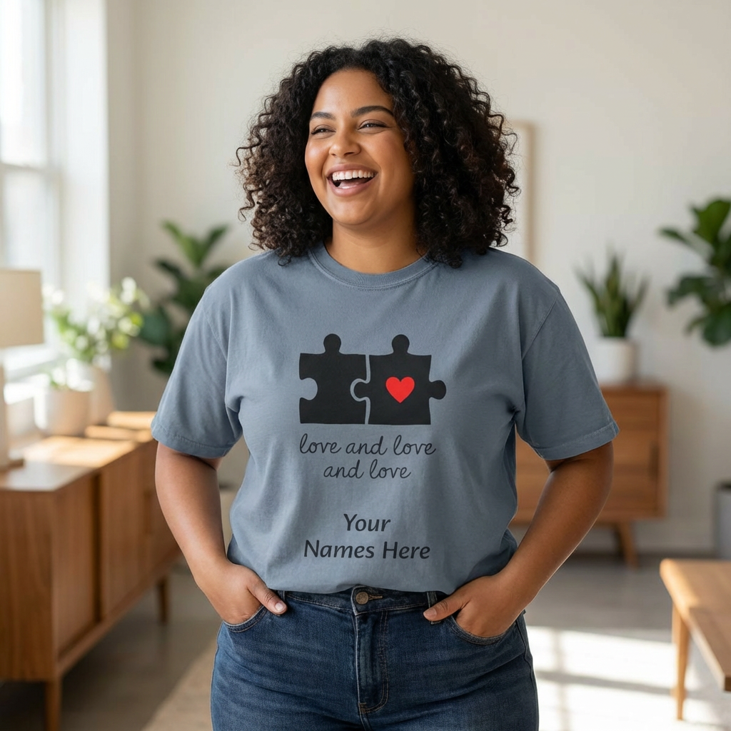 Love and Love Puzzle Tee — Personalized Couple T-Shirt with Heart