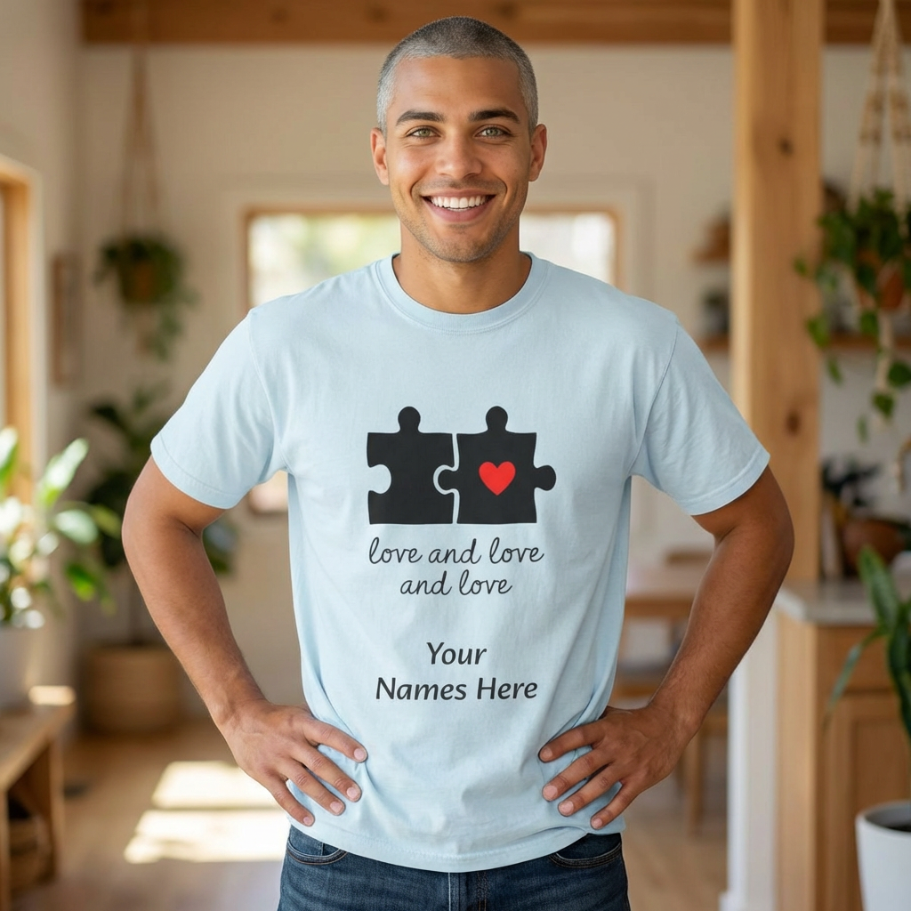 Love and Love Puzzle Tee — Personalized Couple T-Shirt with Heart