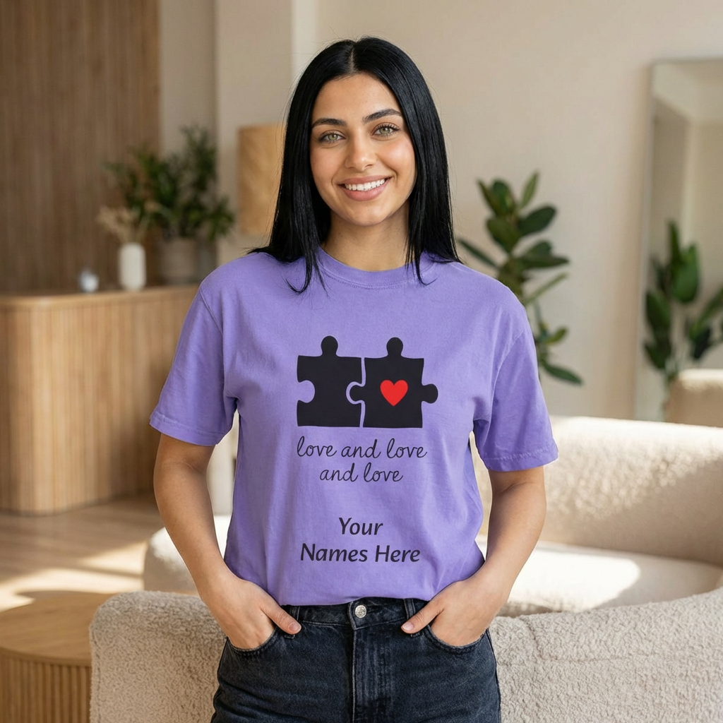 Love and Love Puzzle Tee — Personalized Couple T-Shirt with Heart