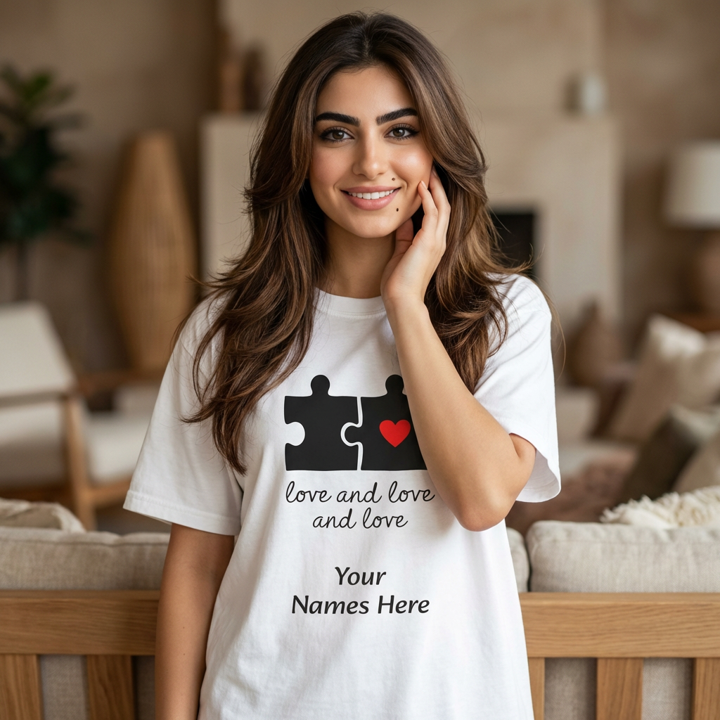 Love and Love Puzzle Tee — Personalized Couple T-Shirt with Heart