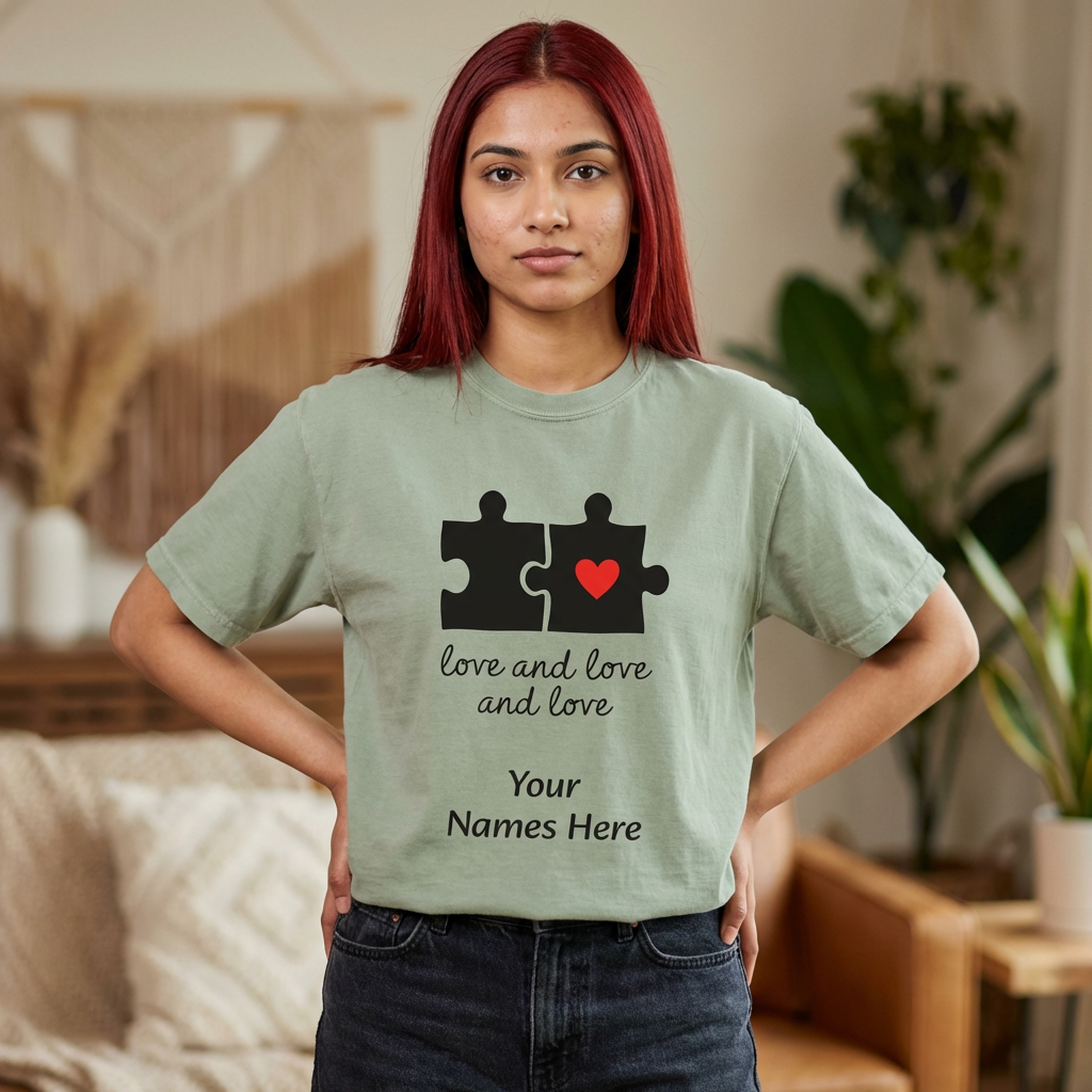 Love and Love Puzzle Tee — Personalized Couple T-Shirt with Heart