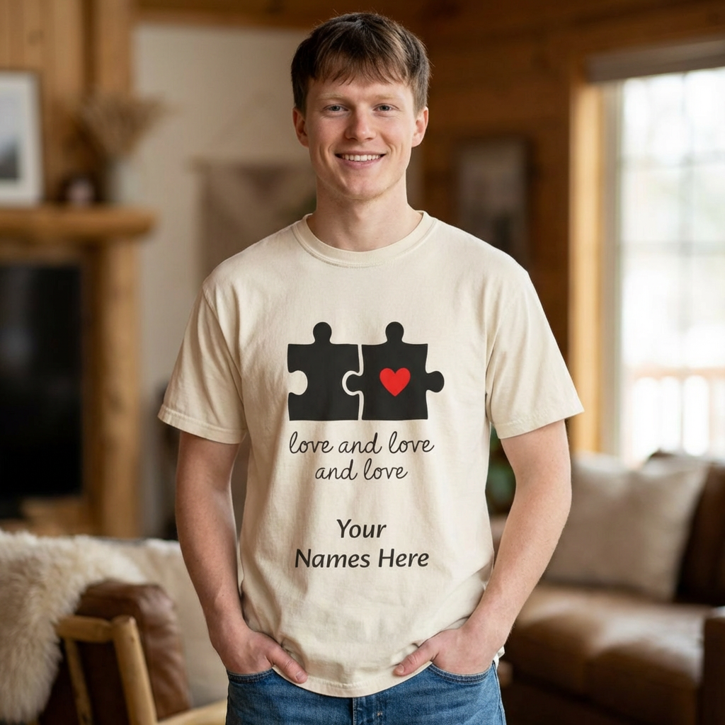 Love and Love Puzzle Tee — Personalized Couple T-Shirt with Heart