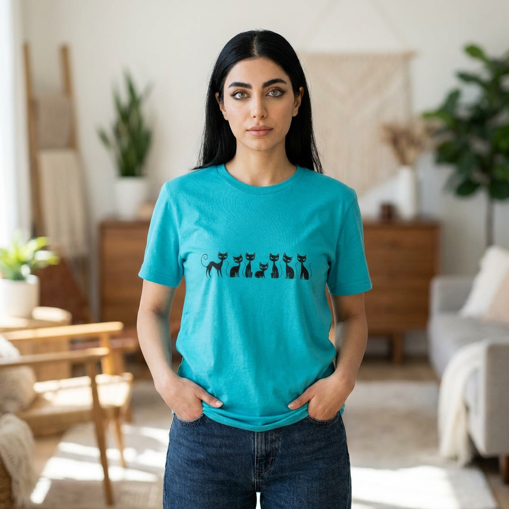 Minimalist Black Cats T‑Shirt — Cute Row of Cats Graphic Tee