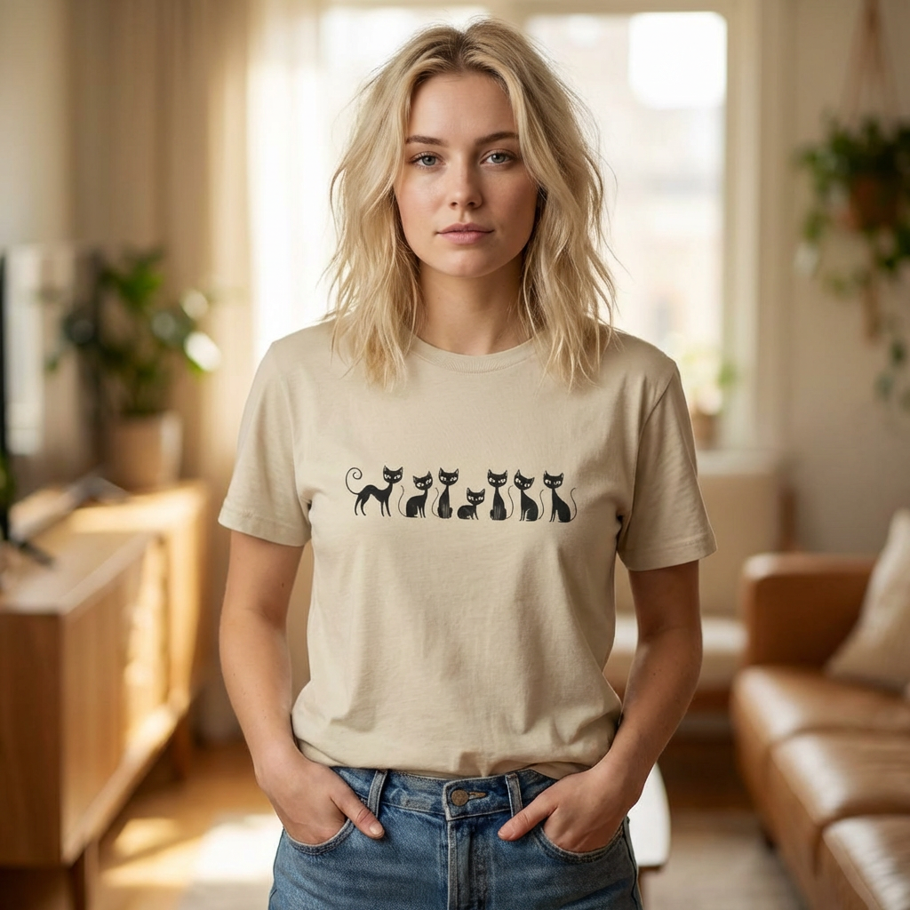 Minimalist Black Cats T‑Shirt — Cute Row of Cats Graphic Tee