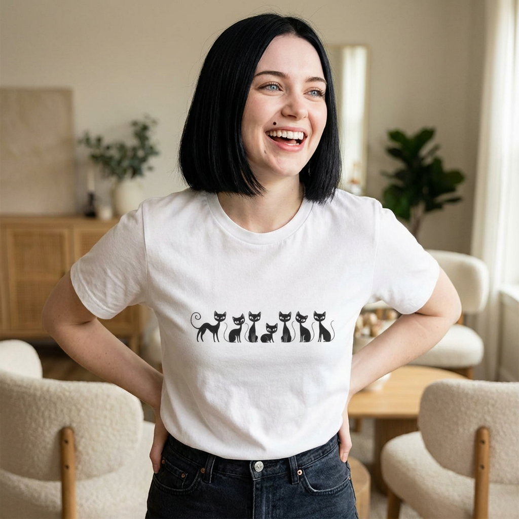Minimalist Black Cats T‑Shirt — Cute Row of Cats Graphic Tee