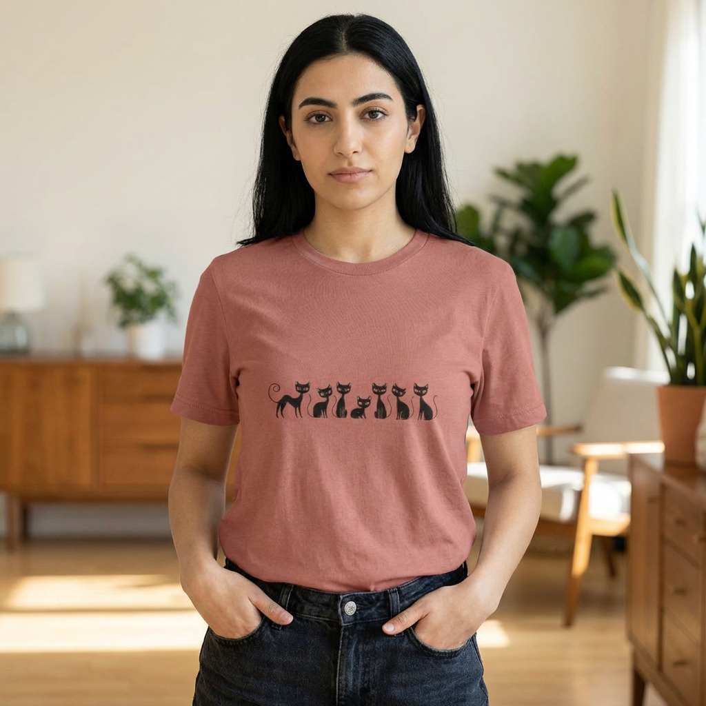Minimalist Black Cats T‑Shirt — Cute Row of Cats Graphic Tee