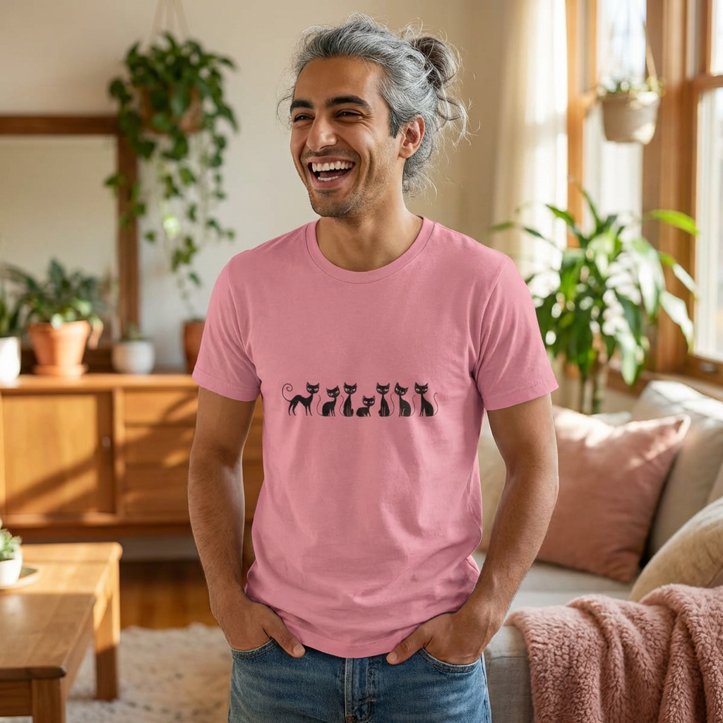 Minimalist Black Cats T‑Shirt — Cute Row of Cats Graphic Tee