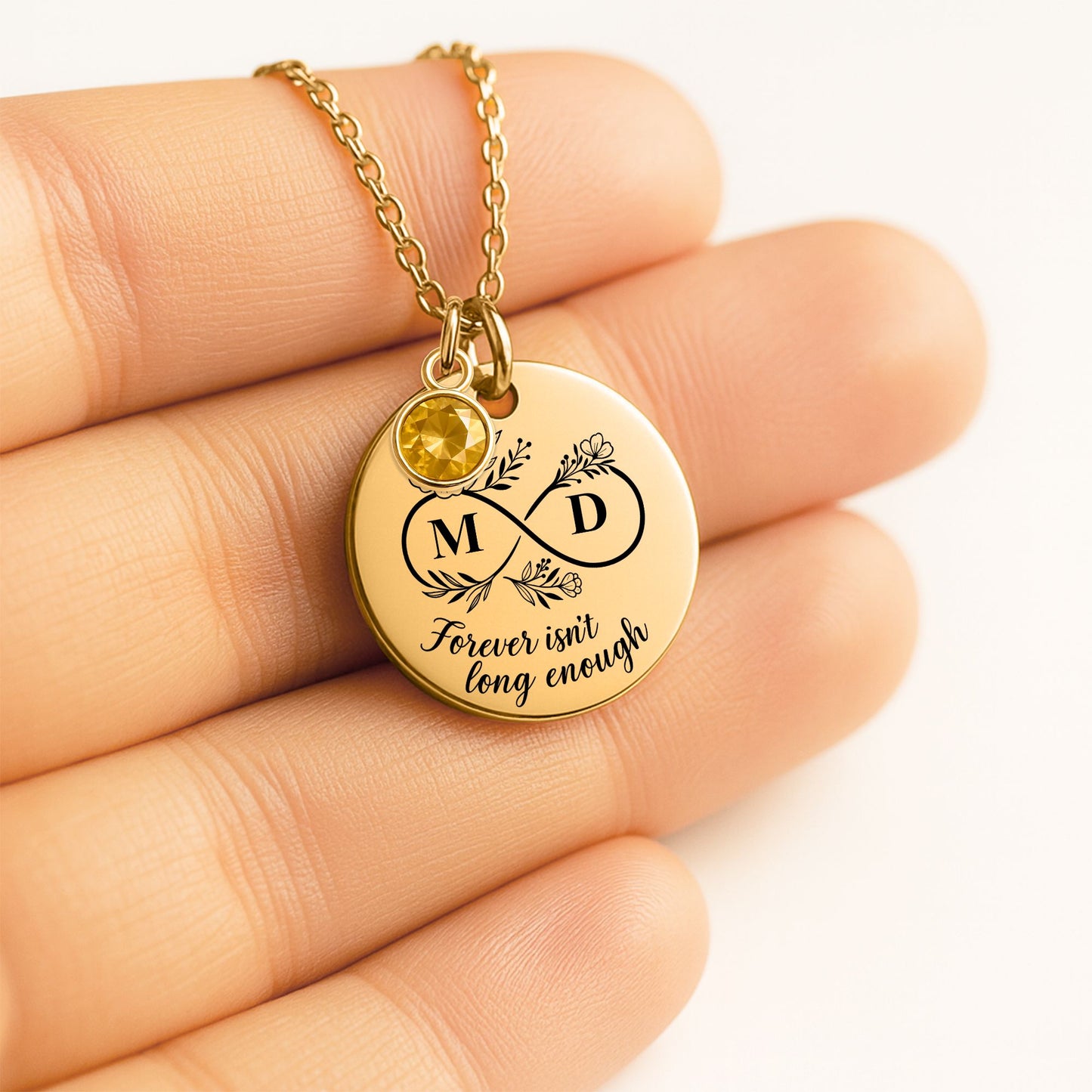 Personalized Coin Necklace with Birthstone – Custom Engraved Infinity Initial Pendant in 18K Gold, Silver or Rose Gold