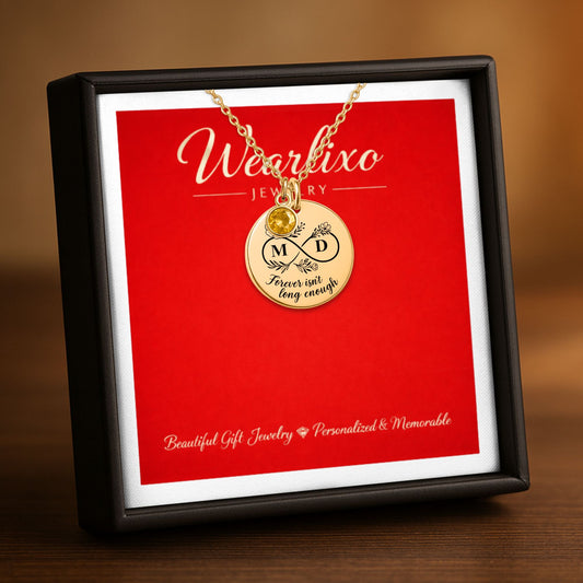 Personalized Coin Necklace with Birthstone – Custom Engraved Infinity Initial Pendant in 18K Gold, Silver or Rose Gold