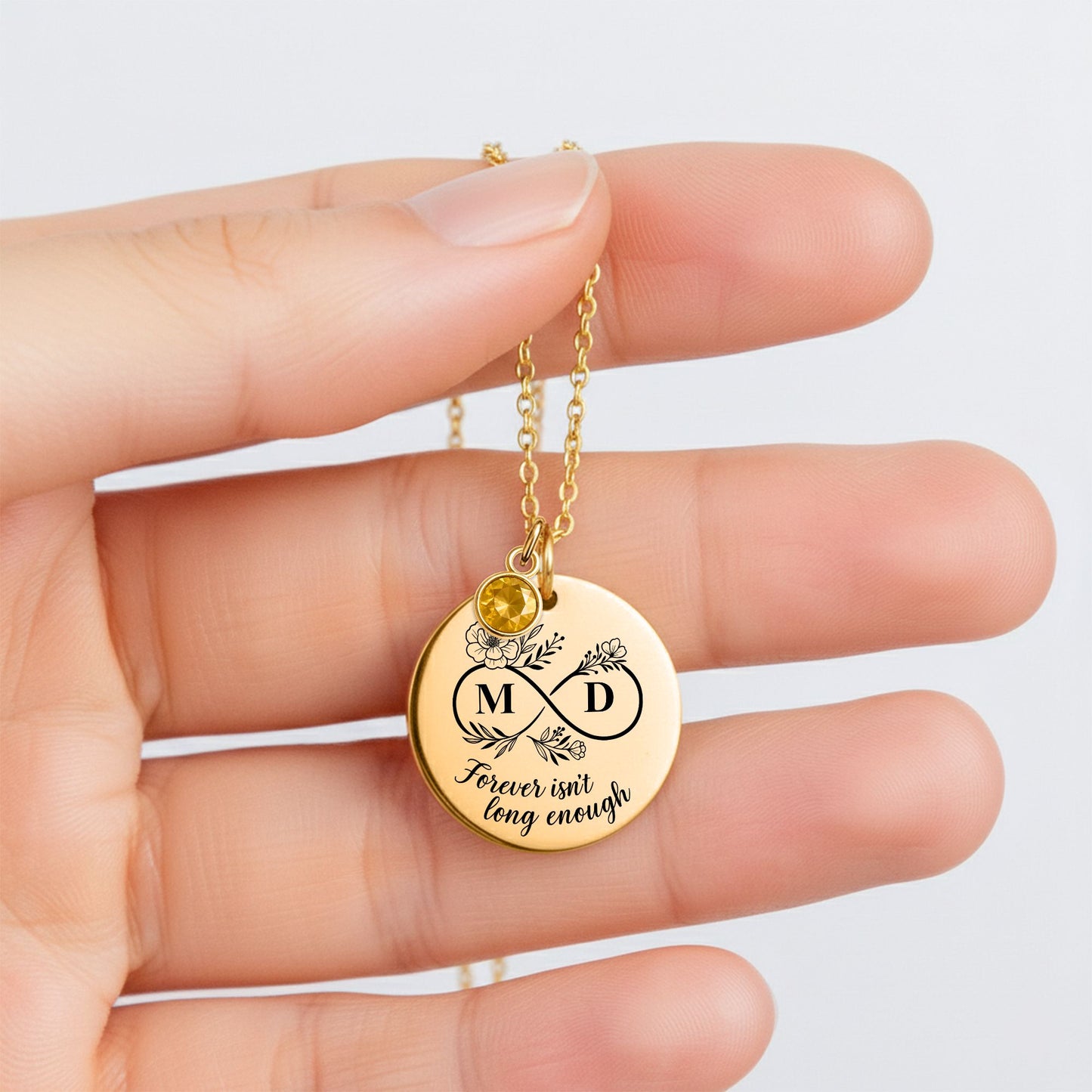 Personalized Coin Necklace with Birthstone – Custom Engraved Infinity Initial Pendant in 18K Gold, Silver or Rose Gold