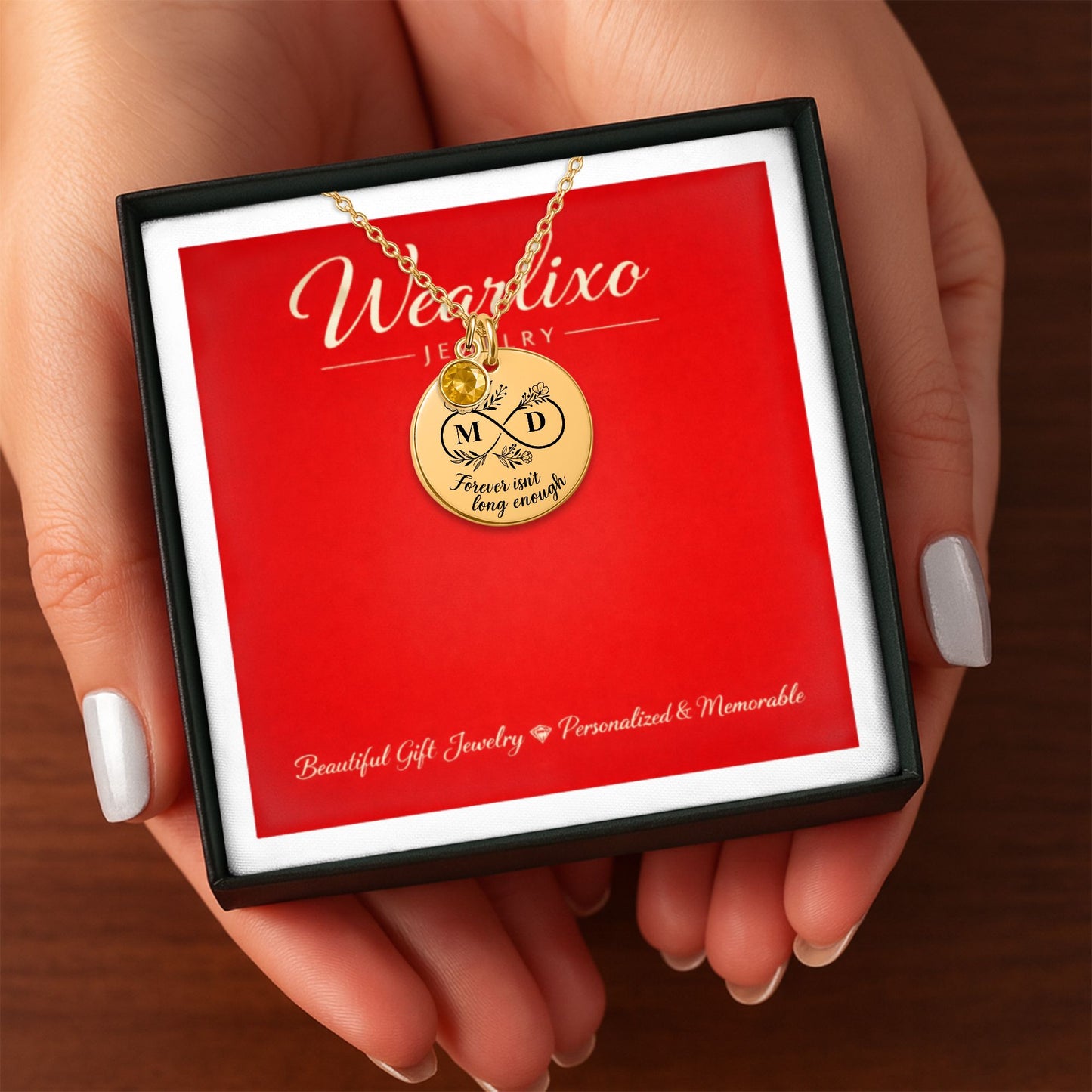 Personalized Coin Necklace with Birthstone – Custom Engraved Infinity Initial Pendant in 18K Gold, Silver or Rose Gold