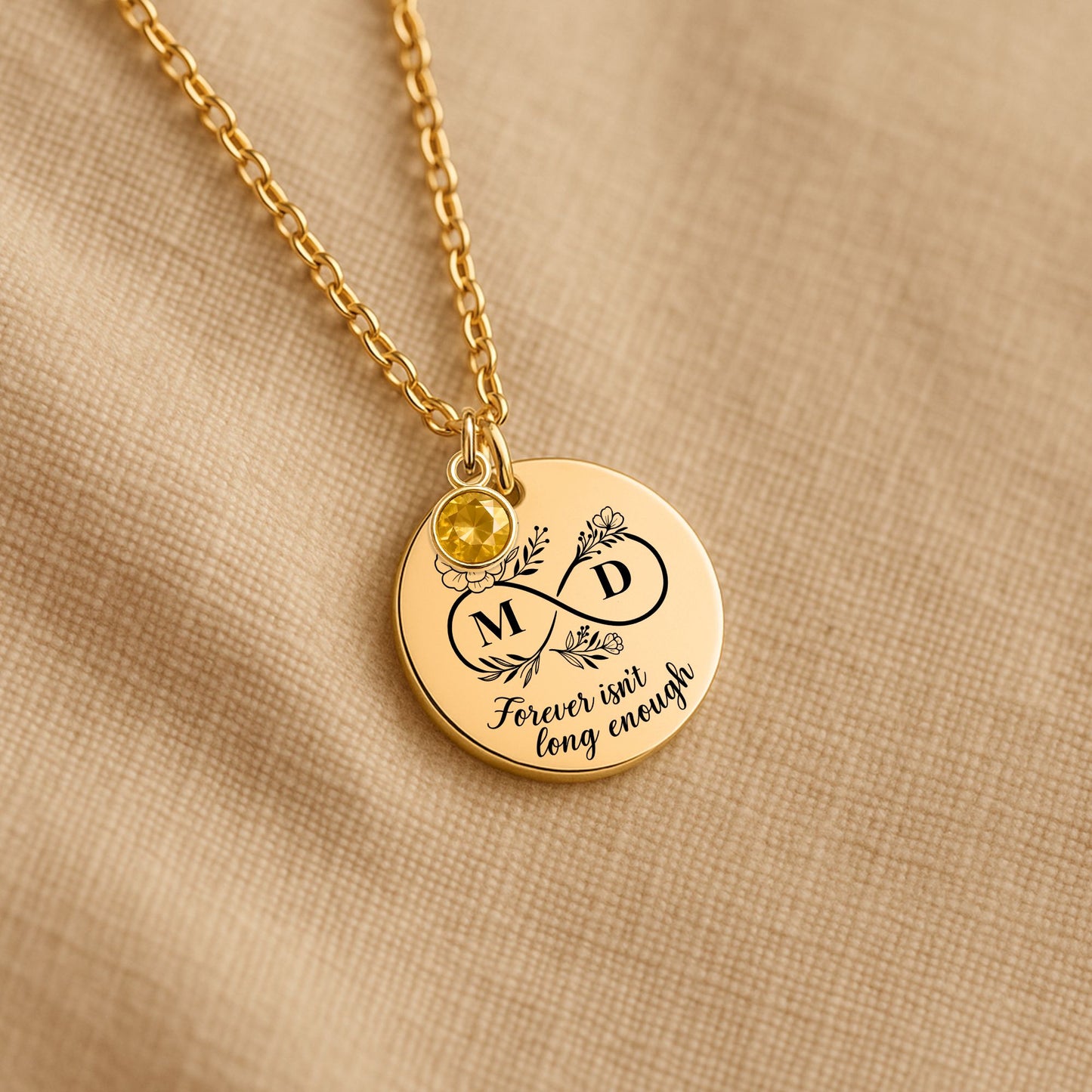Personalized Coin Necklace with Birthstone – Custom Engraved Infinity Initial Pendant in 18K Gold, Silver or Rose Gold