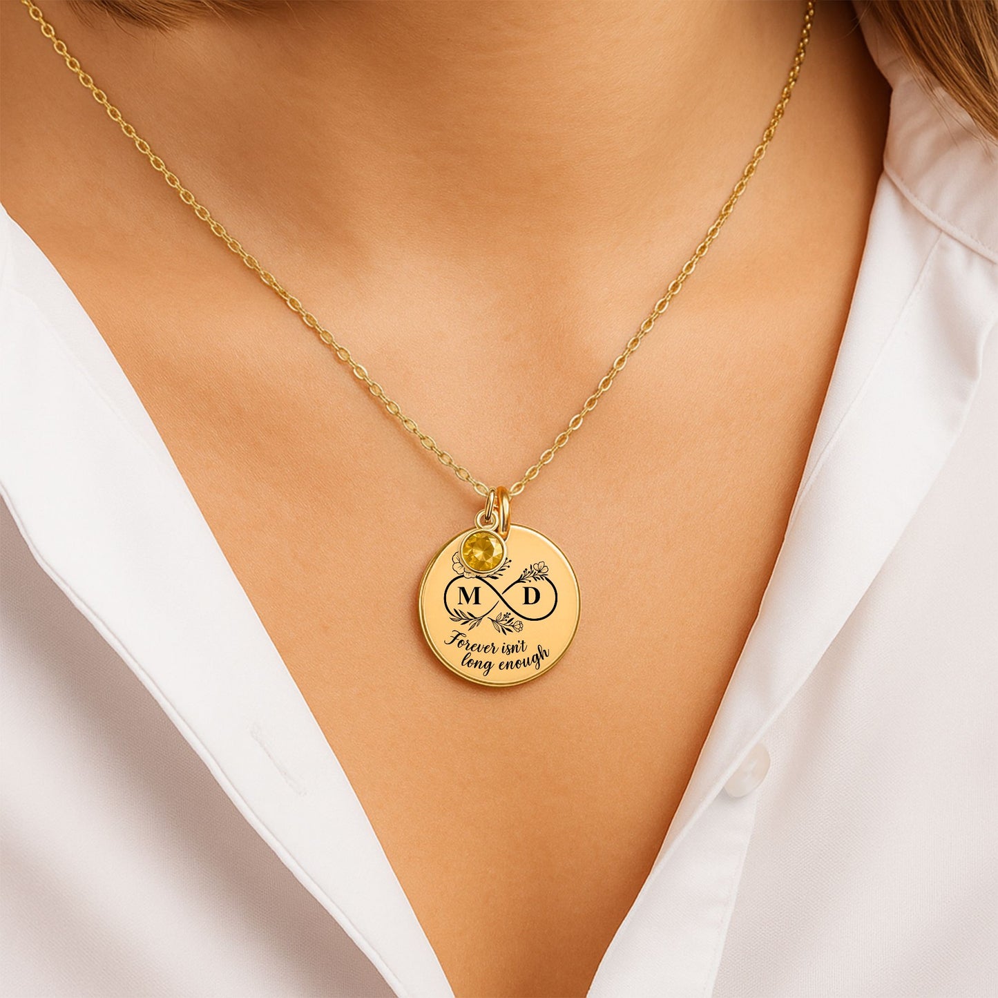 Personalized Coin Necklace with Birthstone – Custom Engraved Infinity Initial Pendant in 18K Gold, Silver or Rose Gold