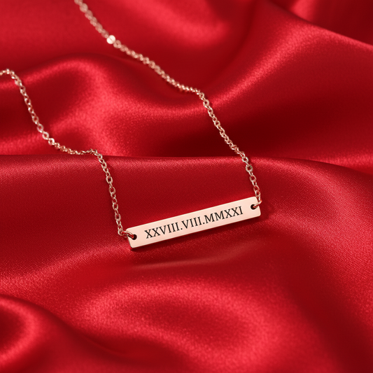 Personalized Roman Numeral Bar Necklace – Custom Date Engraved Horizontal Bar Pendant Gift for Her