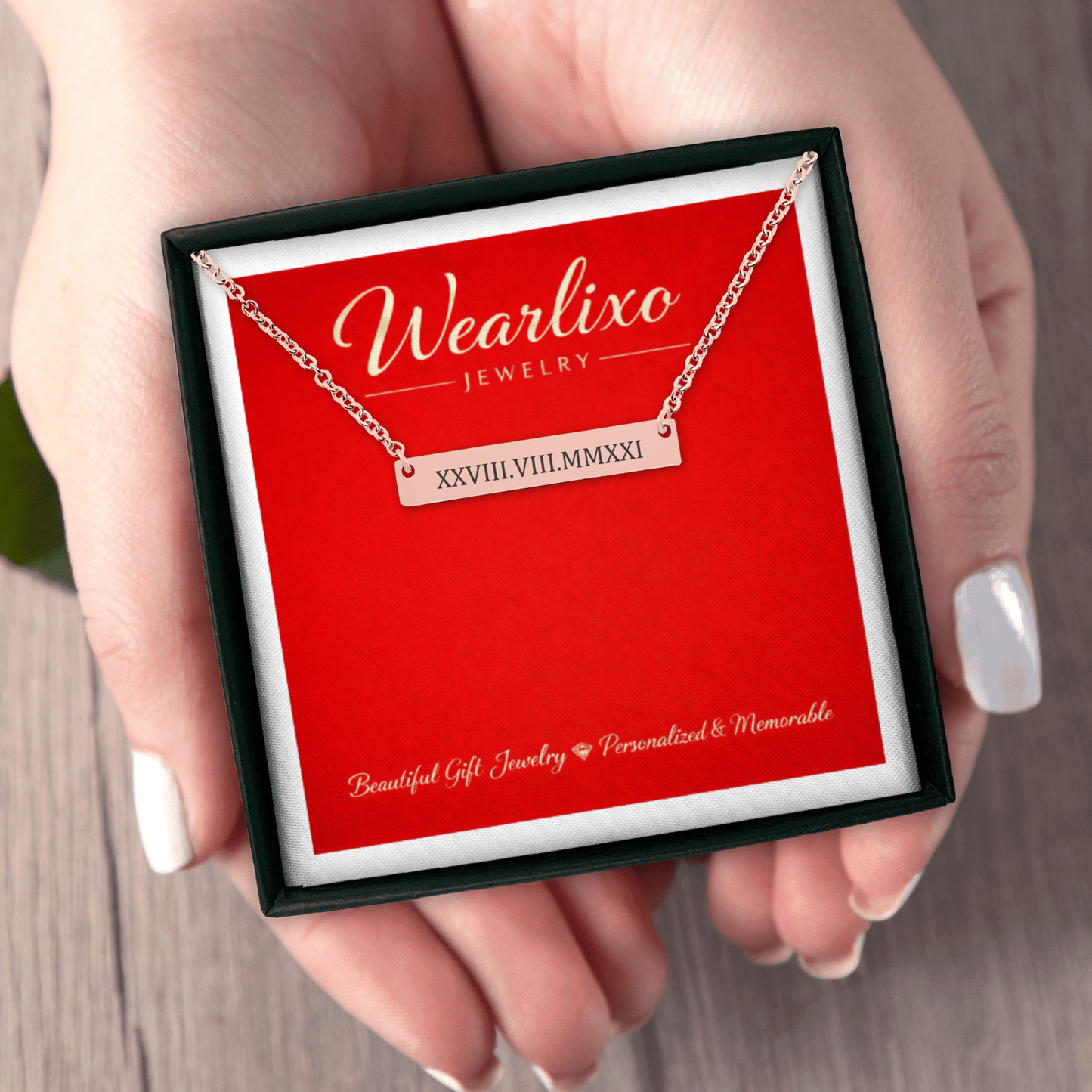 Personalized Roman Numeral Bar Necklace – Custom Date Engraved Horizontal Bar Pendant Gift for Her