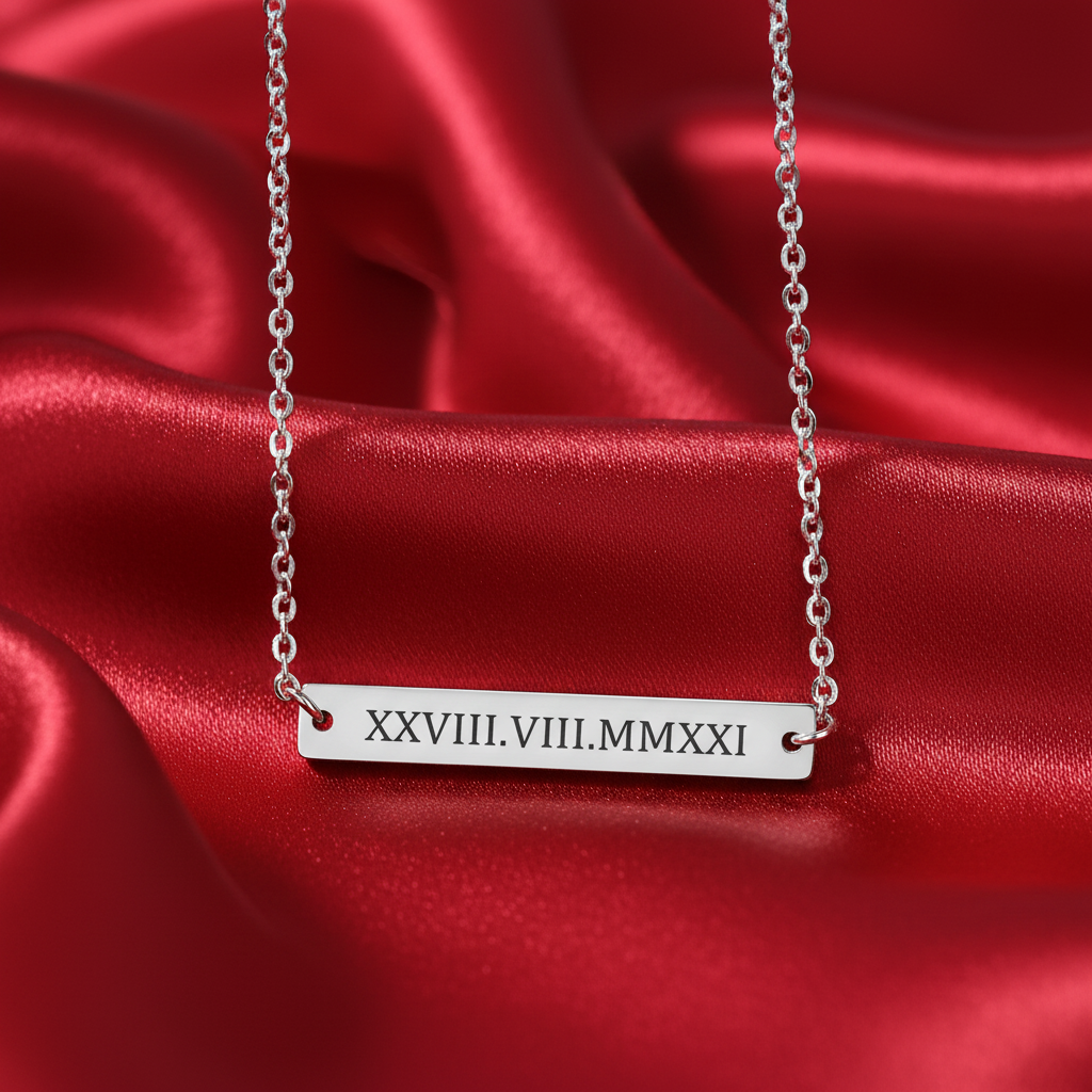 Personalized Roman Numeral Bar Necklace – Custom Date Engraved Horizontal Bar Pendant Gift for Her