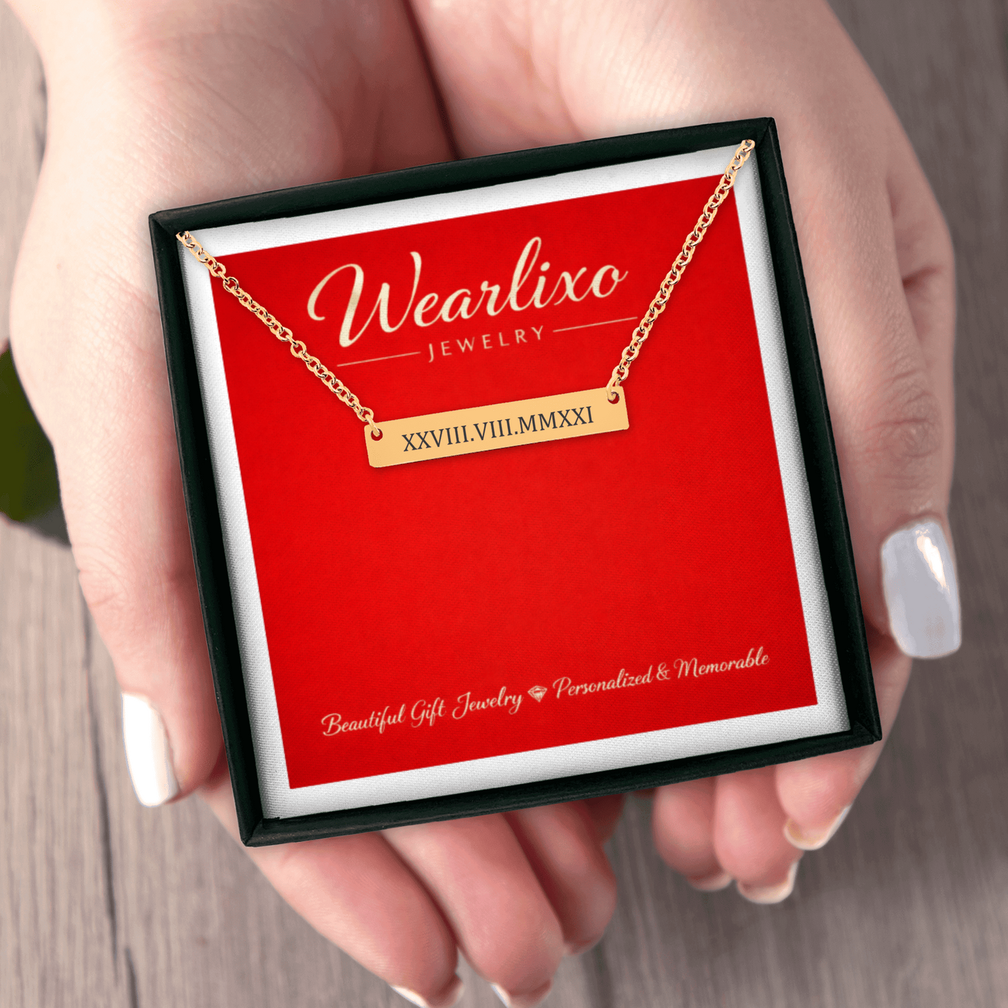 Personalized Roman Numeral Bar Necklace – Custom Date Engraved Horizontal Bar Pendant Gift for Her