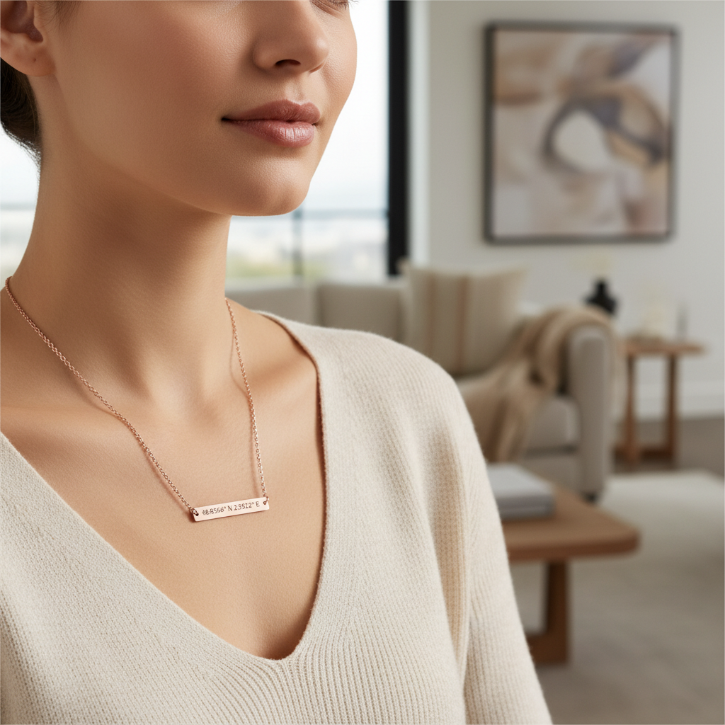 Personalized Coordinate Number Horizontal Bar Necklace – Custom Latitude Longitude Location Jewelry Gift